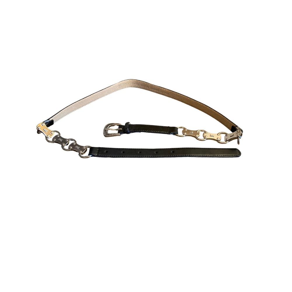 Michael Kors Black Leather Skinny Belt Silver Chain Link MK Logo 554756 Medium